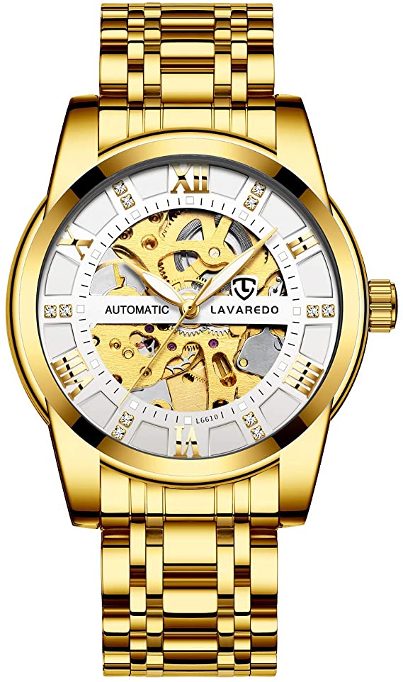 Men’s Watch Mechanical Stainless Steel Skeleton Waterproof Automatic Self-Winding Rome Number Diamond Dial Wrist Watch