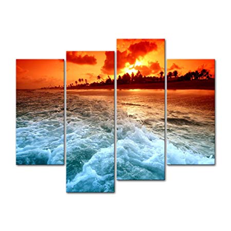 Canvas Print Wall Art Decor Seascape Picture Sunset Beach Pictures Sea Wave Artwork Tropical Scenery Poster Prints Stretched On Wooden Frame 4 Panel Image for Home Living Room Office Decoration