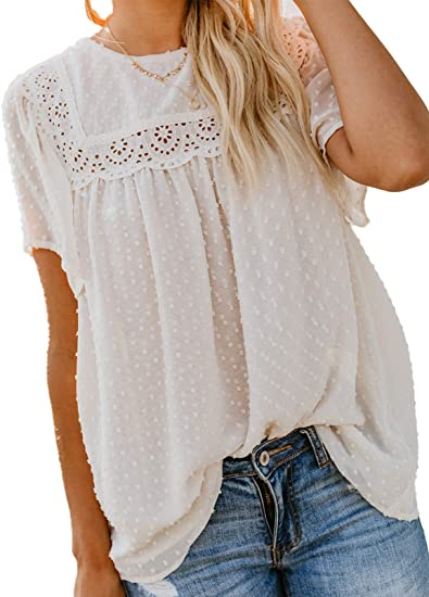 Dokotoo Womens Crewneck Lace Crochet Pom Pom Flowy Short Sleeve Casual Shirts Blouses Tops