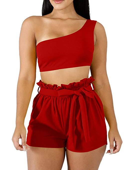 BORIFLORS Womens Sexy 2 Piece Set One Shoulder Crop Top Ruched Shorts Club Jumpsuit