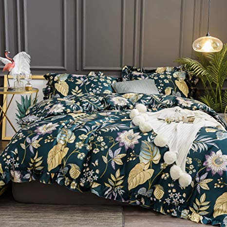 Softta Duvet Cover King Bedding Ruffle Floral Teal 3Pcs Tropical Plam Leaves Flower Quilt Cover Vintage and Farmhouse 100% Egyptian Cotton 800 TC Purple Yellow Colorful Hidden Zipper Closure