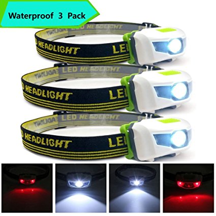 Ulako Waterproof Headlamp Flashlight LED White and Red Lights for BBQ Camping Running Hunting Hiking Reading Pack of 3