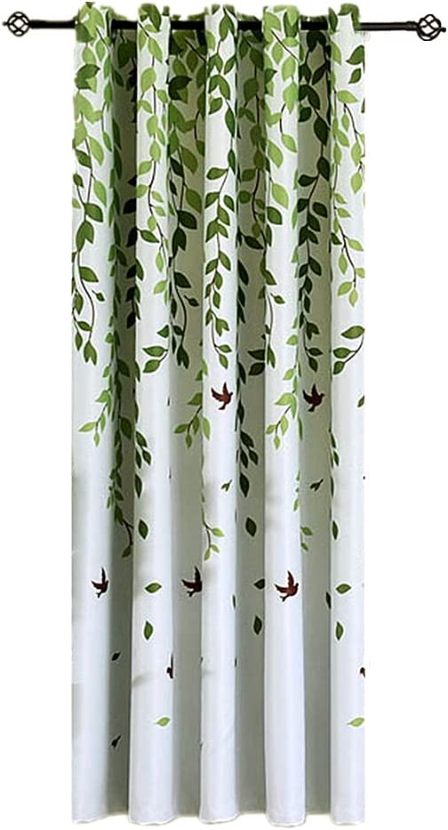 1 Panel Half Blackout Curtain 63 inches Length Grommet Drape for Bedroom Green Leaves Birds Curtains for Living Room Bay Windows , W52 x L63 inch