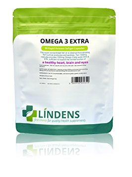 Lindens Omega 3 Extra Fish Oil 1000mg Capsules | 90 Pack | 1100mg Omega 3 fatty acids DHA & EPA per 3 capsules and supports normal function of healthy heart, brain & eyes