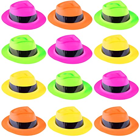Super Z Outlet 12 Pack Neon Mafia Style Gangster Fedora Dress Hats Children's Birthday Props Supplies Favors