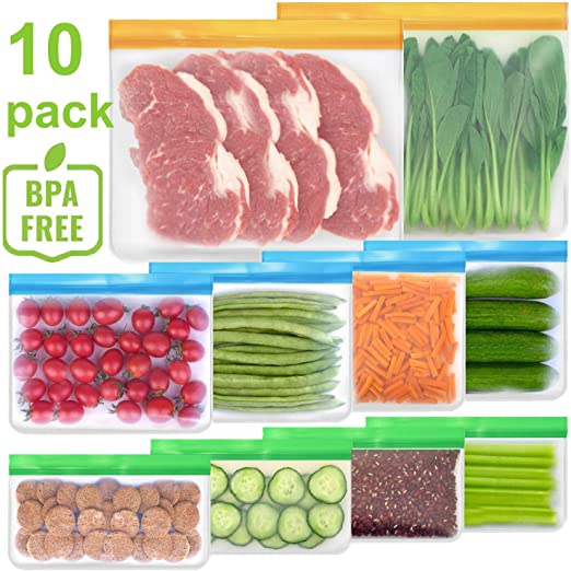 Reusable Storage Bags Silicone Freezer Bags 10 Pack Reusable Sandwich Bags Leakproof Zip lock Bags Eco-friendly BPA FREE for Snack Meat Fruits Cereal Gallon Large Plastic Food Containers (10 Pack)
