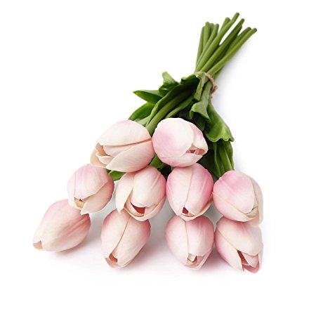 Soledi Single Stem 10 heads Artificial Tulips Real Touch PU Tulips Flowers Arrangement Bouquet Home Room Office Centerpiece Party Wedding Decor Pink