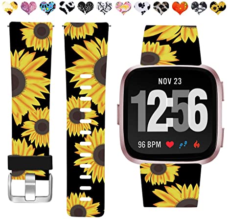 Maledan Compatible with Fitbit Versa 2 Bands for Women Girls, Fadeless Pattern Band Printed Floral Strap Replacement for Fitbit Versa Smart Watch and Versa Lite SE, Black Sunflower, Small