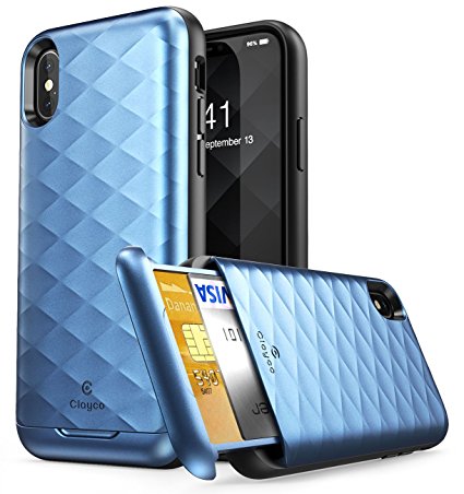 iPhone X Case, Clayco [Argos Series] Premium Hybrid Protective Wallet Case for Apple iPhone X / iPhone 10 (Built-in Credit Card/ID Card Slot) (Blue)