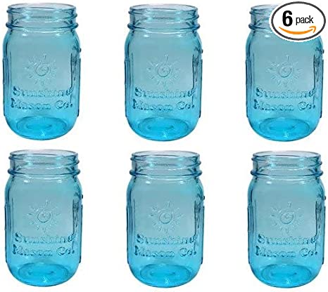 Sunshine Mason Co. Pint Sized Decorative Regular Mouth Glass Mason Jars Vintage Blue Color 6 Pack