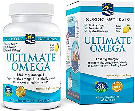 Ultimate Omega, Lemon Flavor - 1280 mg Omega-3 - 60 Soft Gels - High-Potency Omega-3 Fish Oil Supplement with EPA & DHA - Promotes Brain & Heart Health - Non-GMO 1 Pack