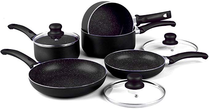 8PC Black Non Stick Induction Stone PAN Set Saucepan Frying PAN Pot COOKWARE