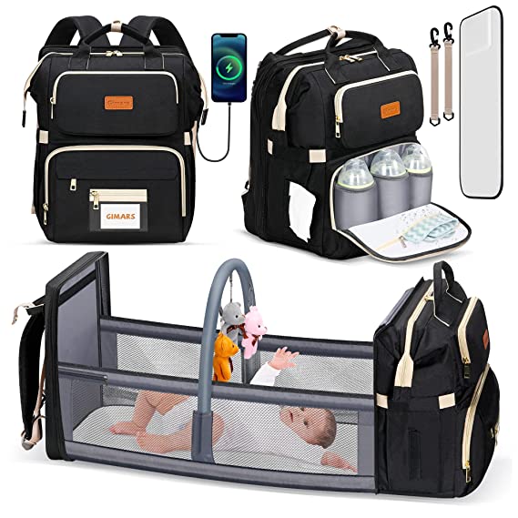 Gimars Baby Bag with Changing Station, 18 Pockets Upgraded 900D Tear Resistant Waterproof Material Lightweight Easy Foldable Bassinet with Toy Hanging Rod Stroller Straps Larger Diaper Bag Backpack
