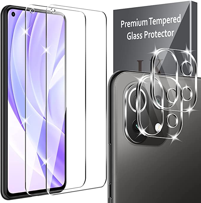 LK 4 Pack 2pcs Screen Protector & 2pcs Camera Lens Protector Compatible with Xiaomi Mi 11 Lite 4/5G Tempered Glass, Bubbles-Free, HD Ultra-Thin, Case Friendly