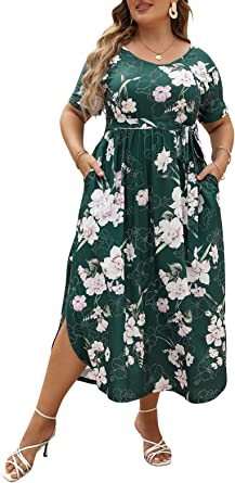 Nemidor Womens Casual Plus Size Tie Waist Slit Long Maxi Dress with Pockets NEM313