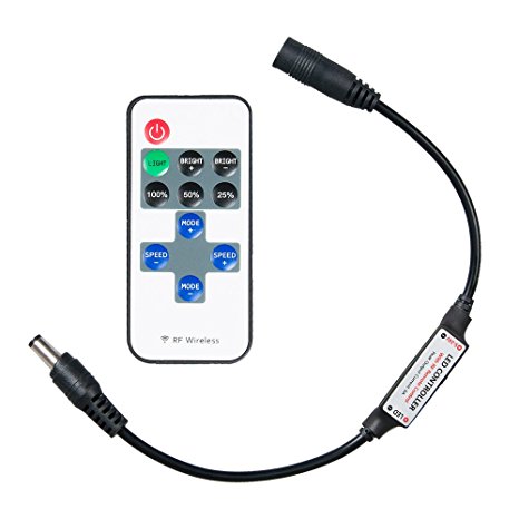 Remote Controller for Single Color LED Strip Lights, Mini RF Dimmer for 12 V DC LED Light Strips, 12A, Wireless Remote Control for all Dimmable 3528 5050 LED Strip