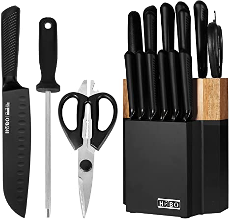 HOBO Block Knife Set, 15-Piece Matte Black Kitchen Knife Set with Wooden Block , Include Manual Sharpening for Chef Knife Set with 6 Serrated Steak Knives