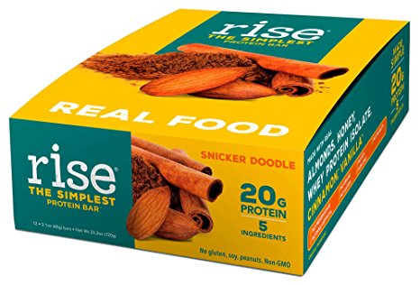 Rise Bar Non-GMO, Gluten Free, Soy Free, Real Whole Food, Whey Protein Bar (20g), No Added Sugar, Snicker Doodle High Protein Bar with Fiber, Potassium, Natural Vitamins & Nutrients 2.1oz, (12 Count)