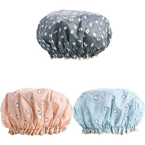 3 Pack Women Shower Cap Hair Bonnet Bath Caps Large Waterproof Double Layered Reusable for Spa Makeup Salon Home Use (Multi-colored-1)