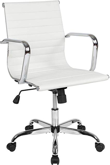 Flash Furniture Mid-Back White LeatherSoft Mid-Century Modern Ribbed Swivel Office Chair with Spring-Tilt Control and Arms