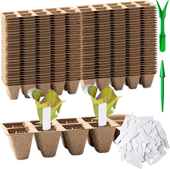 662 Seed Starter Trays with Drain Holes Cells Seedling Start Trays Seed Starter Kit Organic Peat Pots for Seedlings Germination Planting Tray with Plant Labels and Transplant Tools, Small Size