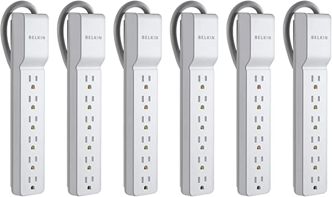 Belkin 6-Outlet Power Strip Surge Protector w/Flat Rotating Plug, 6ft Cord – Ideal for Personal Electronics, Small Appliances and More (1080 Joules), White, 6' - 6 Pack