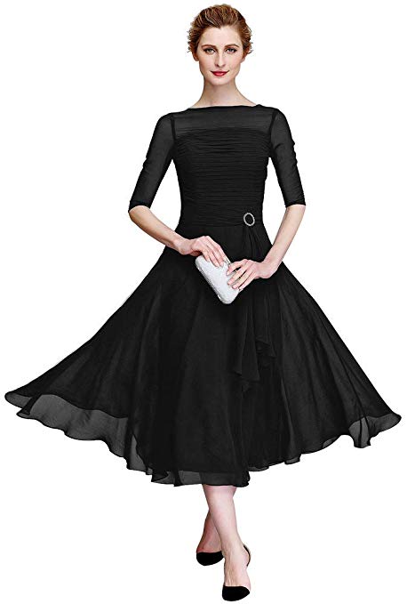 TS Women's A-Line Bateau Neck Tea Length Chiffon Mother of The Bride Dress with Ruched Illusion Sleeve