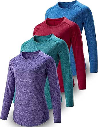 4-Pack: Womens Long Sleeve Athletic Tops with Thumb Holes – Dry Fit Active Crewneck Workout Tees