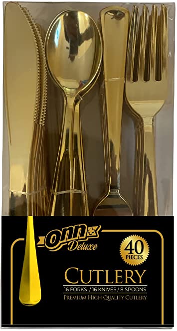 40 Pieces Gold Color Plastic Cutlery Disposable |16 forks, 8 spoons, 16 knives | Heavy duty to decorate your tables at parties, banquets, celebrations (40 CUTLERY GOLD)