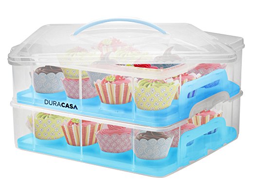 DuraCasa Cupcake Carrier | Cupcake Holder | Store up to 24 Cupcakes or 2 Large Cakes | Stacking Cupcake Storage Container | Cupcake, Cookie, or Cake Dessert Carrier (Blue)