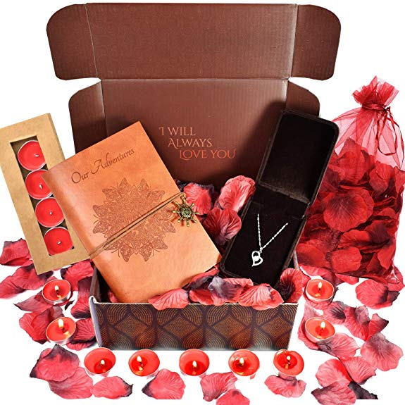 Anniversary Surprise Box: One of the best Romantic Gifts & Anniversary Gift - INCLUDES: Sterling Silver Necklace, Leather Journal, Rose Petals & Romantic Candles.Best 1 year anniversary gifts for her