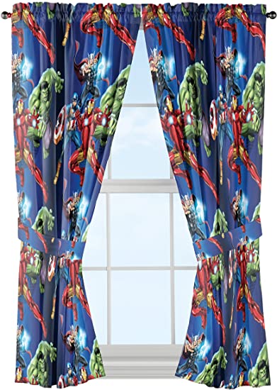 Marvel Avengers Blue Circle Microfiber Curtain Panel Pair with Tiebacks Set, 84 inches wide (42 inches/panel) 63 inches long