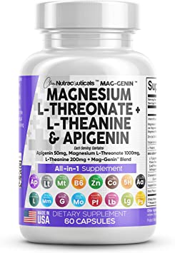 Magnesium L Threonate L Theanine 200mg Apigenin 50mg Supplement with Vitamin B6 Copper L Tryptophan 5-HTP Gabba Passion Flower Lemon Balm L Glycine