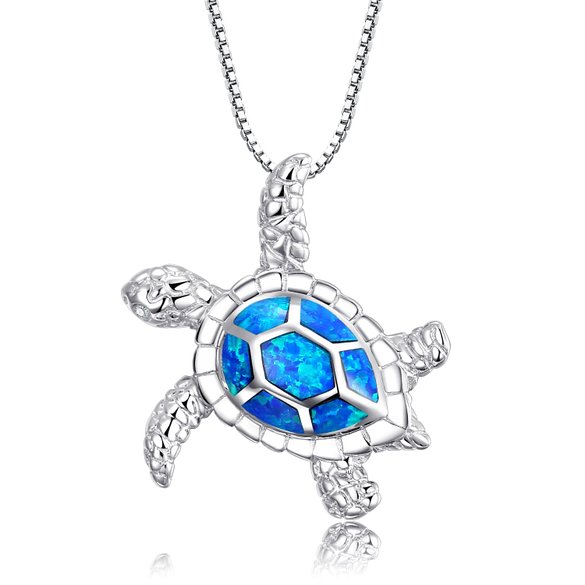 Z&T [Health and Longevity] Sterling Silver Created Blue Opal Sea Turtle Penadnt Necklace