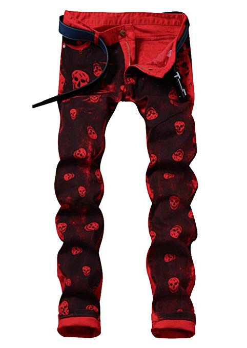 LAMCORD Men's Red Skull Printed Slim Fit Moto Biker Skinny Jeans Denim Pants
