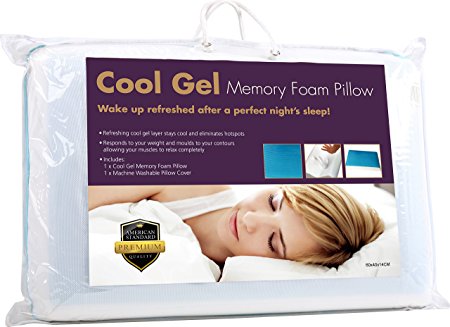 Cooling Gel Memory Foam Pillow -American Standard PQP- Blue Reversible Sleeping Cool Contour Orthopedic Support Chillow Designed for Maximum Comfort and Pain Relief with Removable Soft Pillow Case