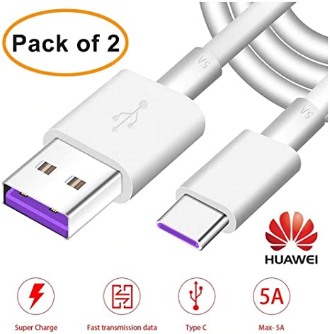2-Pack Genuine Huawei 5A USB 3.1 Type C Superfast Charging Data Cable for Huawei Smartphone - White(Bulk Packed, No Retail Packaging)