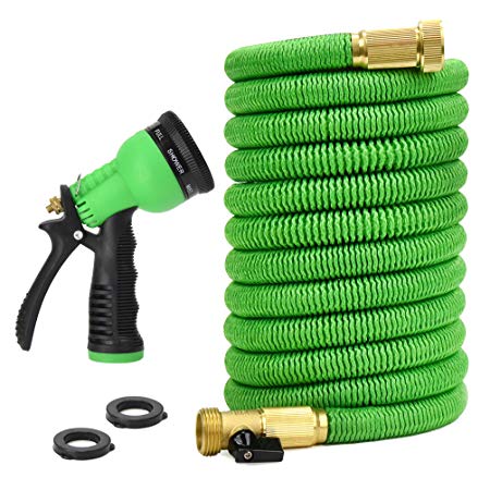 Glayko Tm 25 Feet Expandable Garden Hose -New 2019- Super Strong Construction - 3/4" Solid Brass Fittings - and Shut-Off Valve   8 Function Spray Nozzle - Flexible Expanding Hose with Storage Bag
