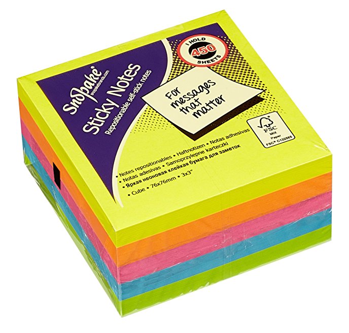Snopake 11702 Sticky Note Cube (450 Sheets/Cube) - 76 x 76 mm, Neon/Assorted Colours