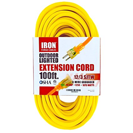 100 Ft Outdoor Extension Cord - 12/3 SJTW Heavy Duty Lighted Yellow Extension Cable with 3 Prong Grounded Plug for Safety - Great for Garden & Major Appliances