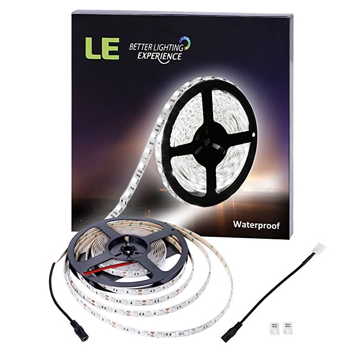 LE 12V Flexible Waterproof LED Strip Lights, 6000K Daylight White, 300 Units 5050 LEDs, 218lm/ft, Light Strips, Pack of 5M