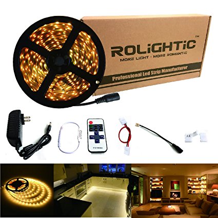 RoLightic LED Strip Light 16.4ft 300leds Warm White 3000K 3528 Led Tape Lights Full Kit with IR Remote Dimmer & 2A Power Supply for Home Lighting, Indoor Decoration (Warm White)