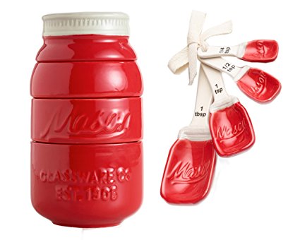 Red Ceramic Mason Jar Kitchenware Measuring Set Bundle - 2 items: Measuring Cups and Spoons by World Market