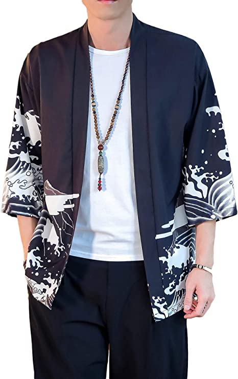 PRIJOUHE Men's Lightweight Kimono Jacket Seven Sleeve Open Front Cardigan Coat Japanese Style Bathrobe