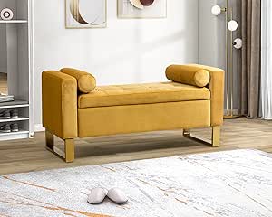 HULALA HOME Modern Storage Bench with Gold Base & Bolster Pillows, Upholstered Bedroom Ottoman Bench for End of Bed, Tufted Footstool for Entryway Living Room Dining Room, Mustard