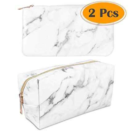 anezus 2Pcs Marble Cosmetic Toiletry Makeup Bag Travel Brush Storage Pouch with Gold Zipper