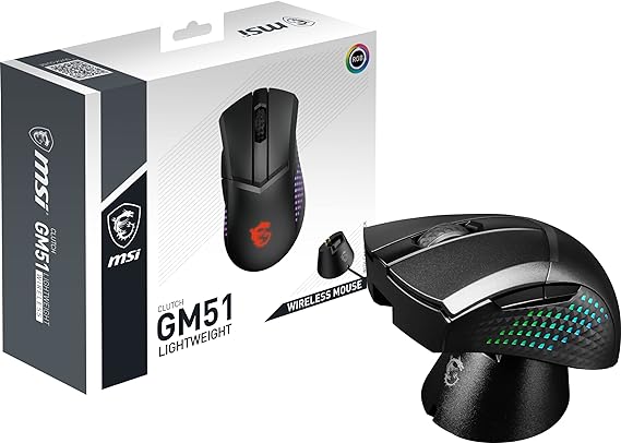 MSI Clutch GM51 Lightweight Wireless Gaming Mouse - 26,000 DPI Optical Sensor, 650 IPS, Balanced, 60Mio  Click Omron Switches, 1000Hz Sampling Rate, 1ms Latency, RGB Mystic Light, 85g, Wireless