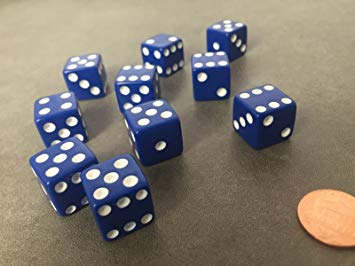 Set of 10 Six Sided D6 16mm Standard Dice Die - Blue with White Pips by JUSTMIKE'S?