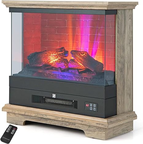 COSTWAY 27”/68cm Electric Fireplace, 3-Sided Fireplace Heater with 3-Level Flame, Thermostat, 0.5-6H Timer, Remote Control & Overheating Protection, 2000W Freestanding Stove Fire Surrounds (Natural)