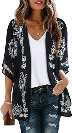 Women's Floral Print Puff Sleeve Kimono Cardigan Loose Cover Up Casual Blouse Tops